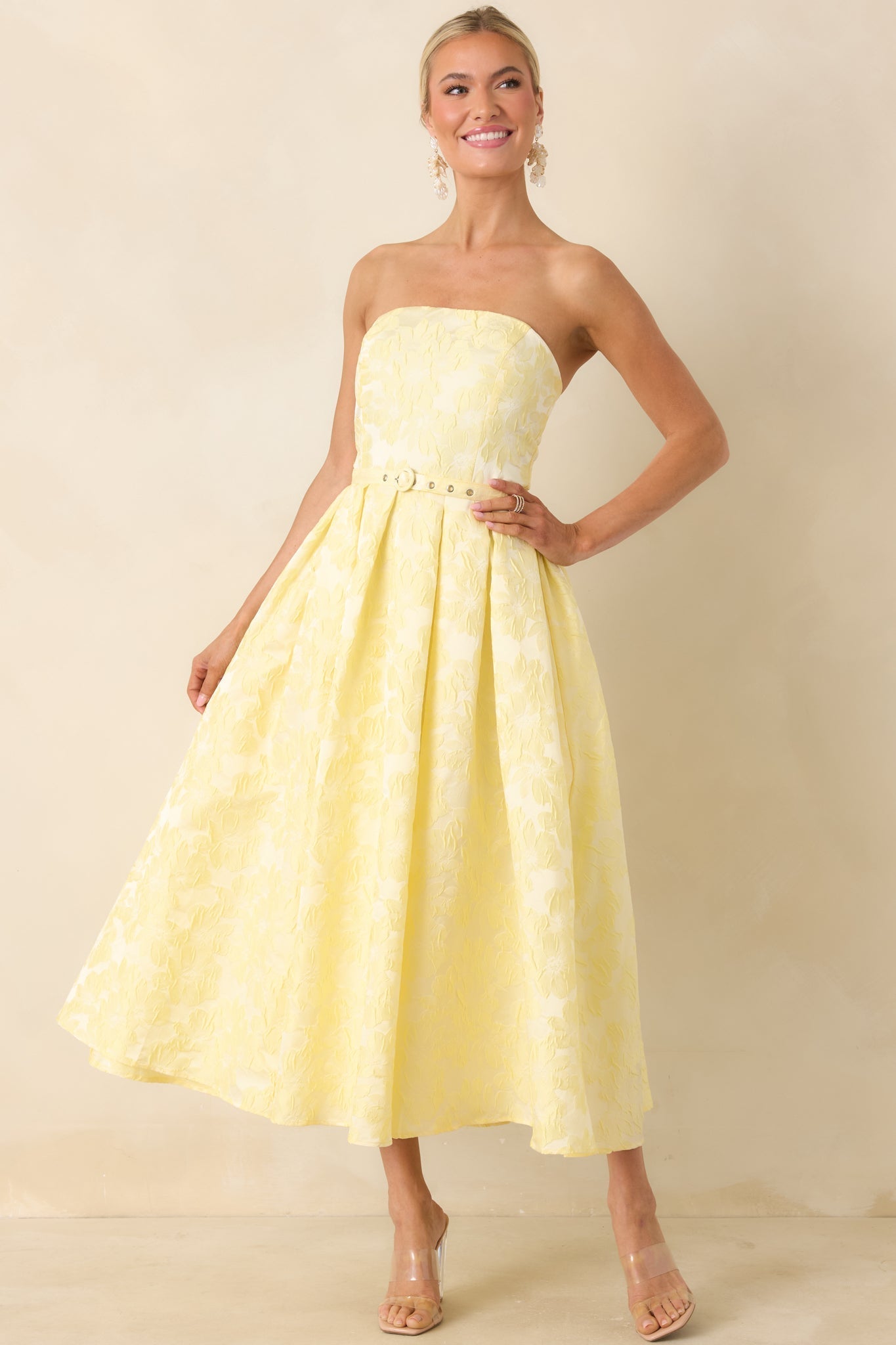 Women's Radiating Joy Yellow Floral Jacquard Strapless Midi Dress | 100% Polyester 0