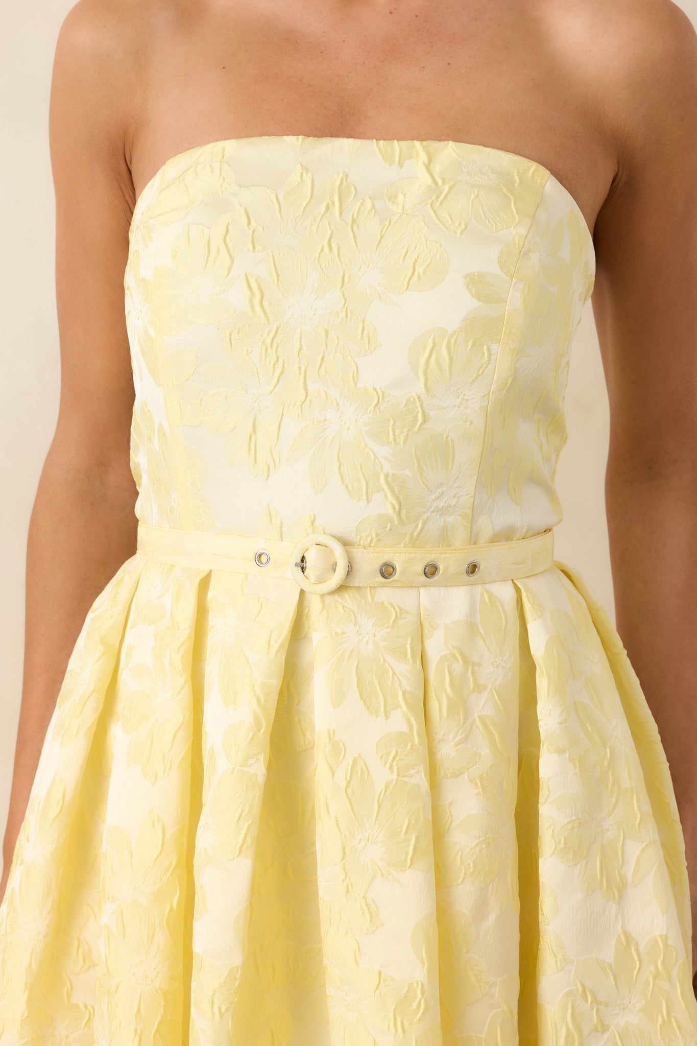 Women's Radiating Joy Yellow Floral Jacquard Strapless Midi Dress | 100% Polyester 1