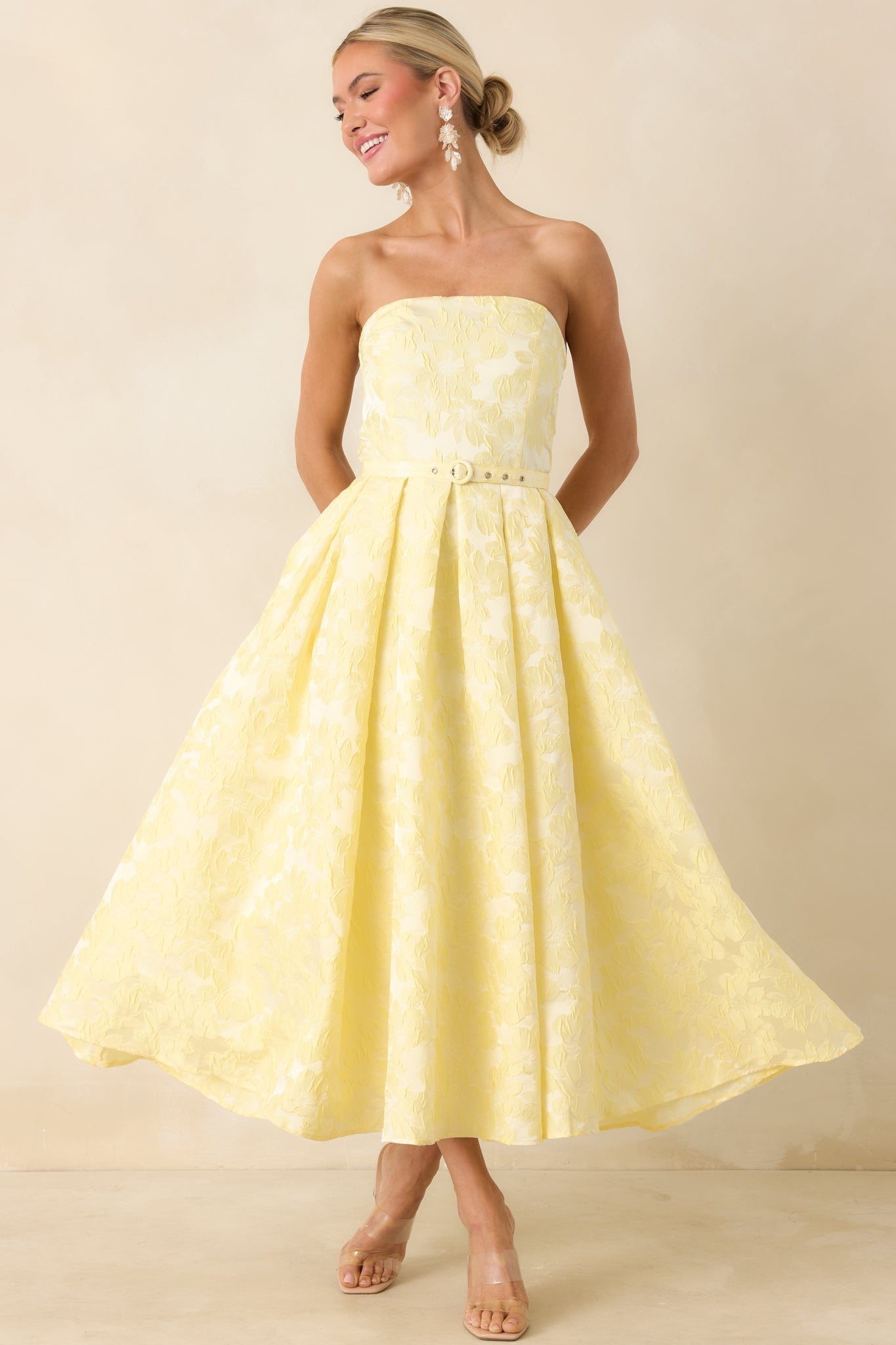 Women's Radiating Joy Yellow Floral Jacquard Strapless Midi Dress | 100% Polyester 2