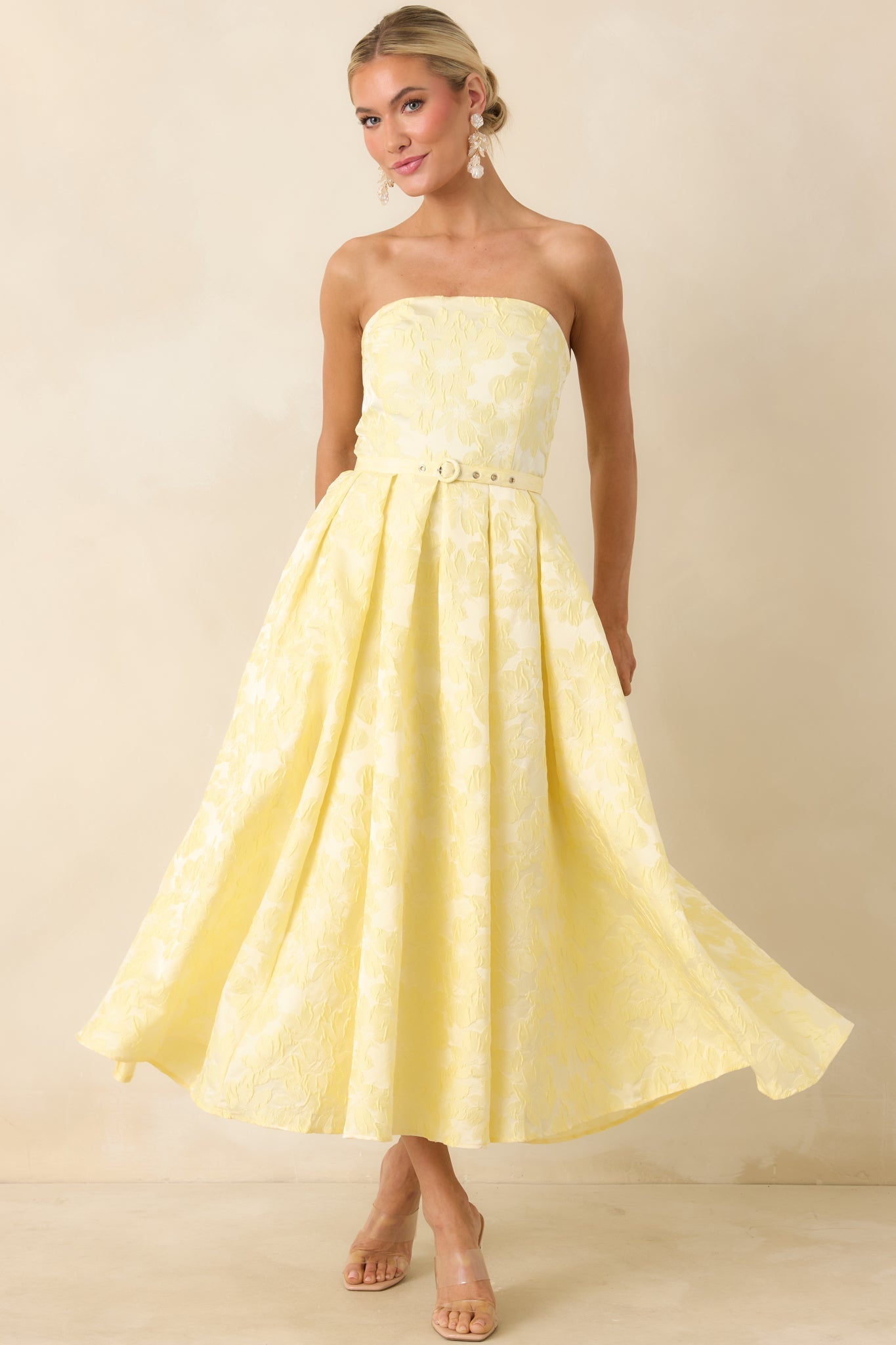 Women's Radiating Joy Yellow Floral Jacquard Strapless Midi Dress | 100% Polyester 3