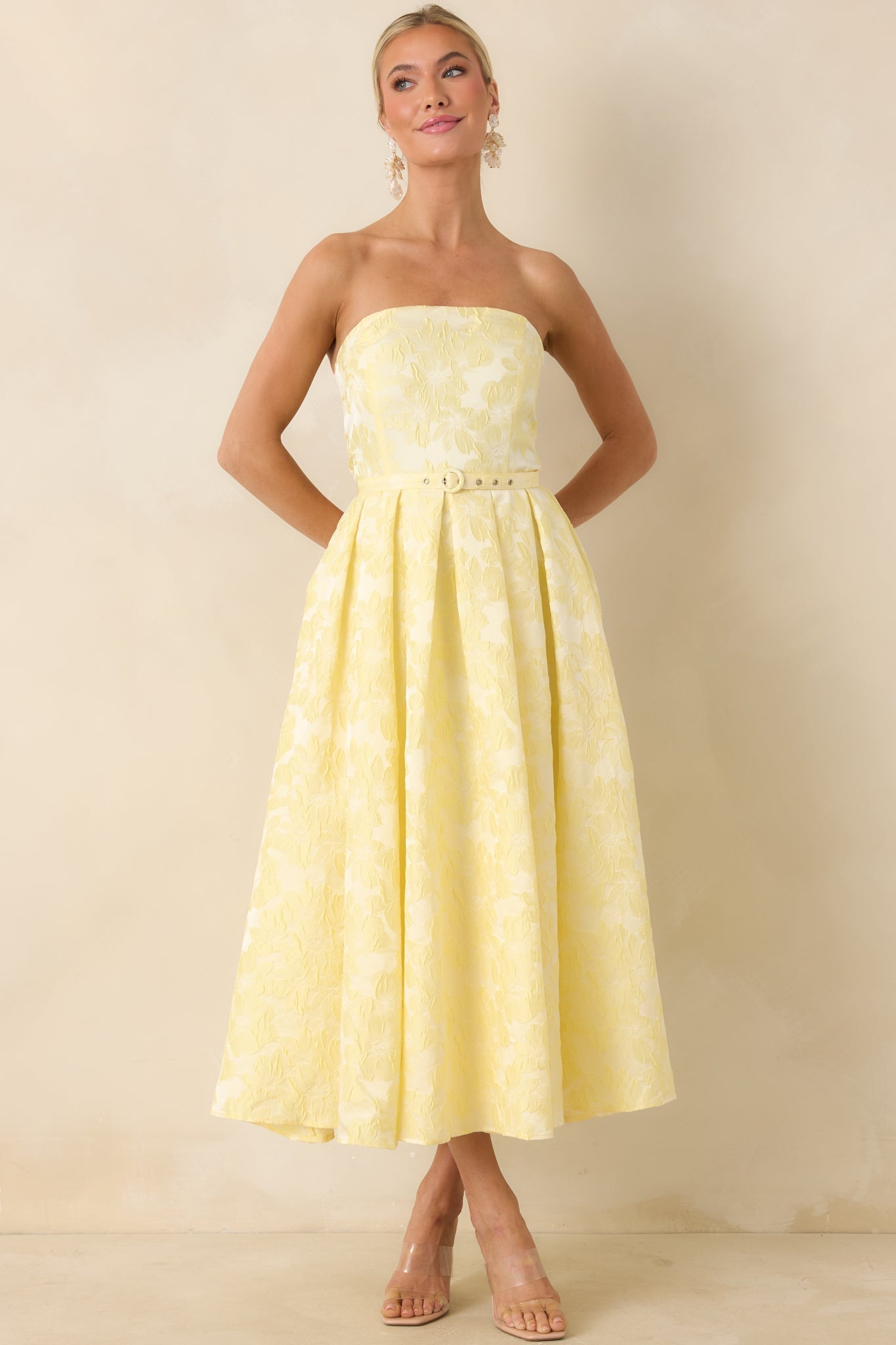 Women's Radiating Joy Yellow Floral Jacquard Strapless Midi Dress | 100% Polyester 4