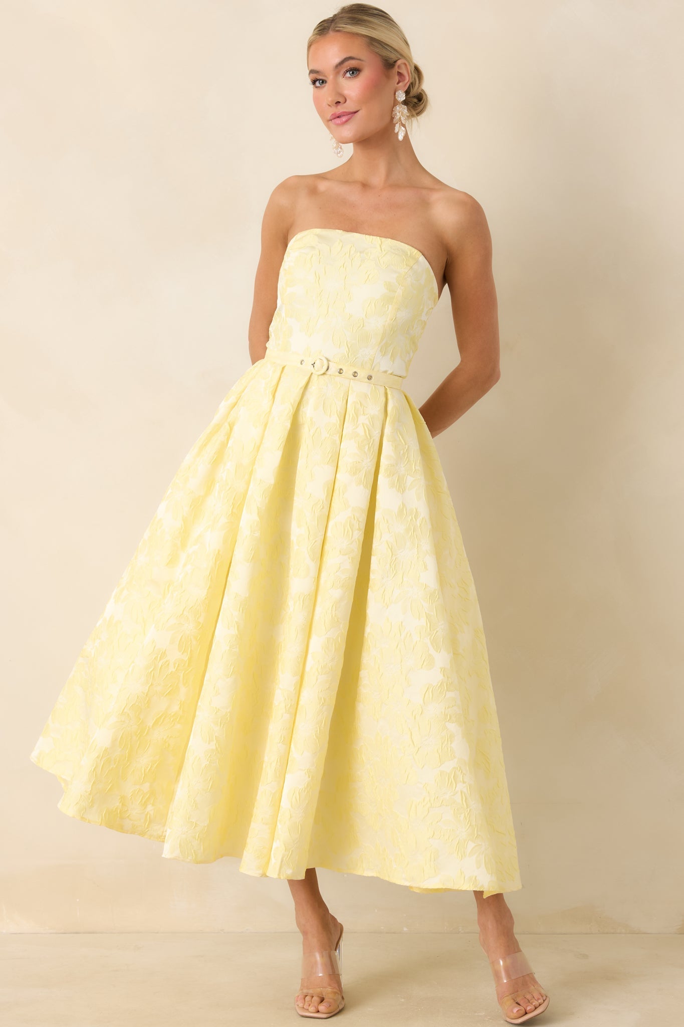 Women's Radiating Joy Yellow Floral Jacquard Strapless Midi Dress | 100% Polyester 5