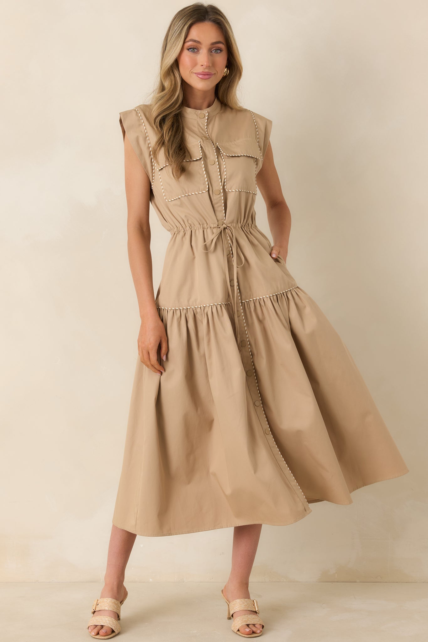 Women's Ready For Anything Tan Button Front Utility Midi Dress | 50% Cotton & 50% Lyocell 0