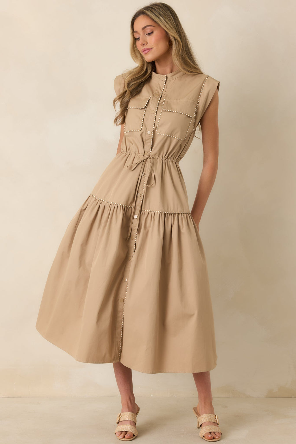 Women's Ready For Anything Tan Button Front Utility Midi Dress | 50% Cotton & 50% Lyocell 2