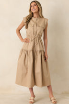 Women's Ready For Anything Tan Button Front Utility Midi Dress | 50% Cotton & 50% Lyocell 3