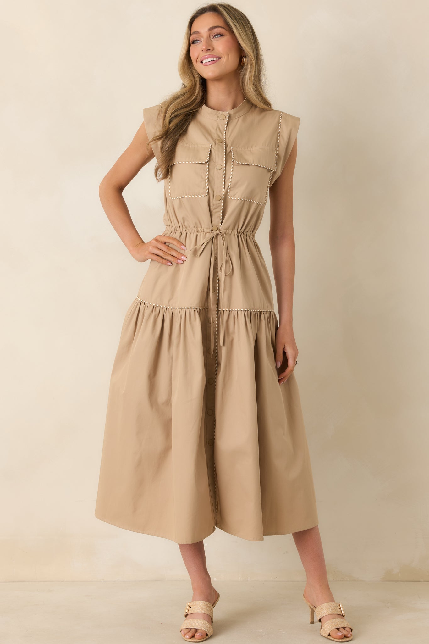Women's Ready For Anything Tan Button Front Utility Midi Dress | 50% Cotton & 50% Lyocell 3