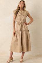Women's Ready For Anything Tan Button Front Utility Midi Dress | 50% Cotton & 50% Lyocell 4