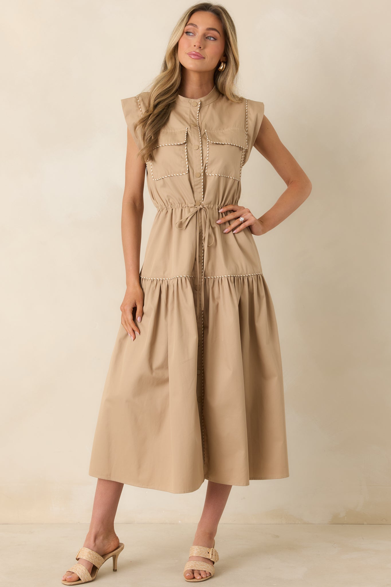Women's Ready For Anything Tan Button Front Utility Midi Dress | 50% Cotton & 50% Lyocell 4