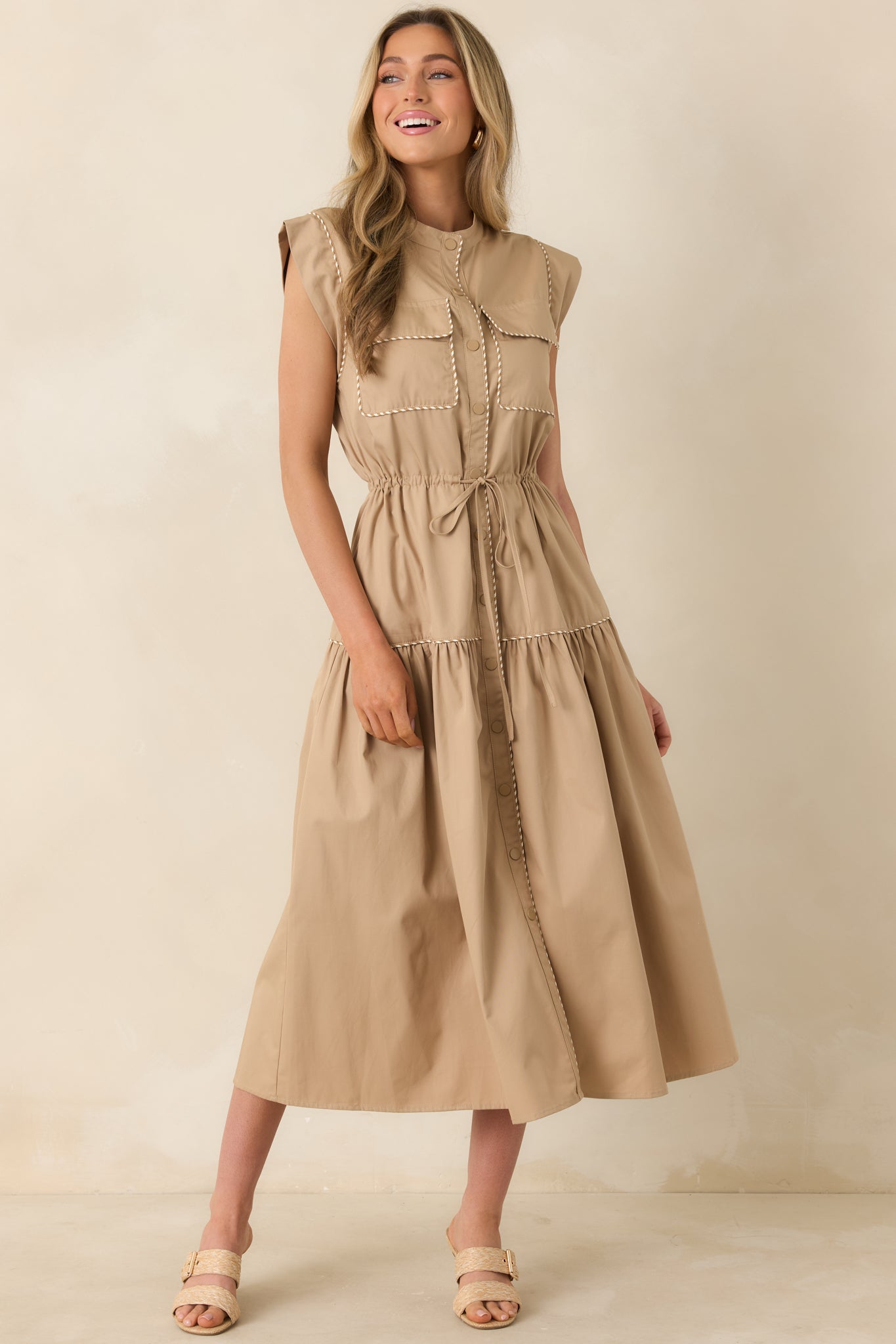 Women's Ready For Anything Tan Button Front Utility Midi Dress | 50% Cotton & 50% Lyocell 5