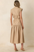 Women's Ready For Anything Tan Button Front Utility Midi Dress | 50% Cotton & 50% Lyocell 6