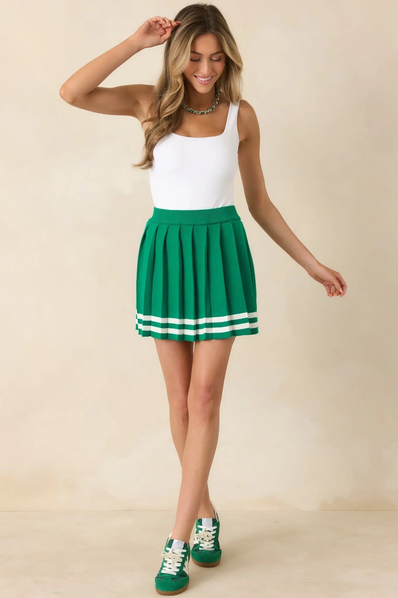 Women's Ready For What's Next Green Pleated Mini Skirt | 60% Cotton & 40% Acrylic 3