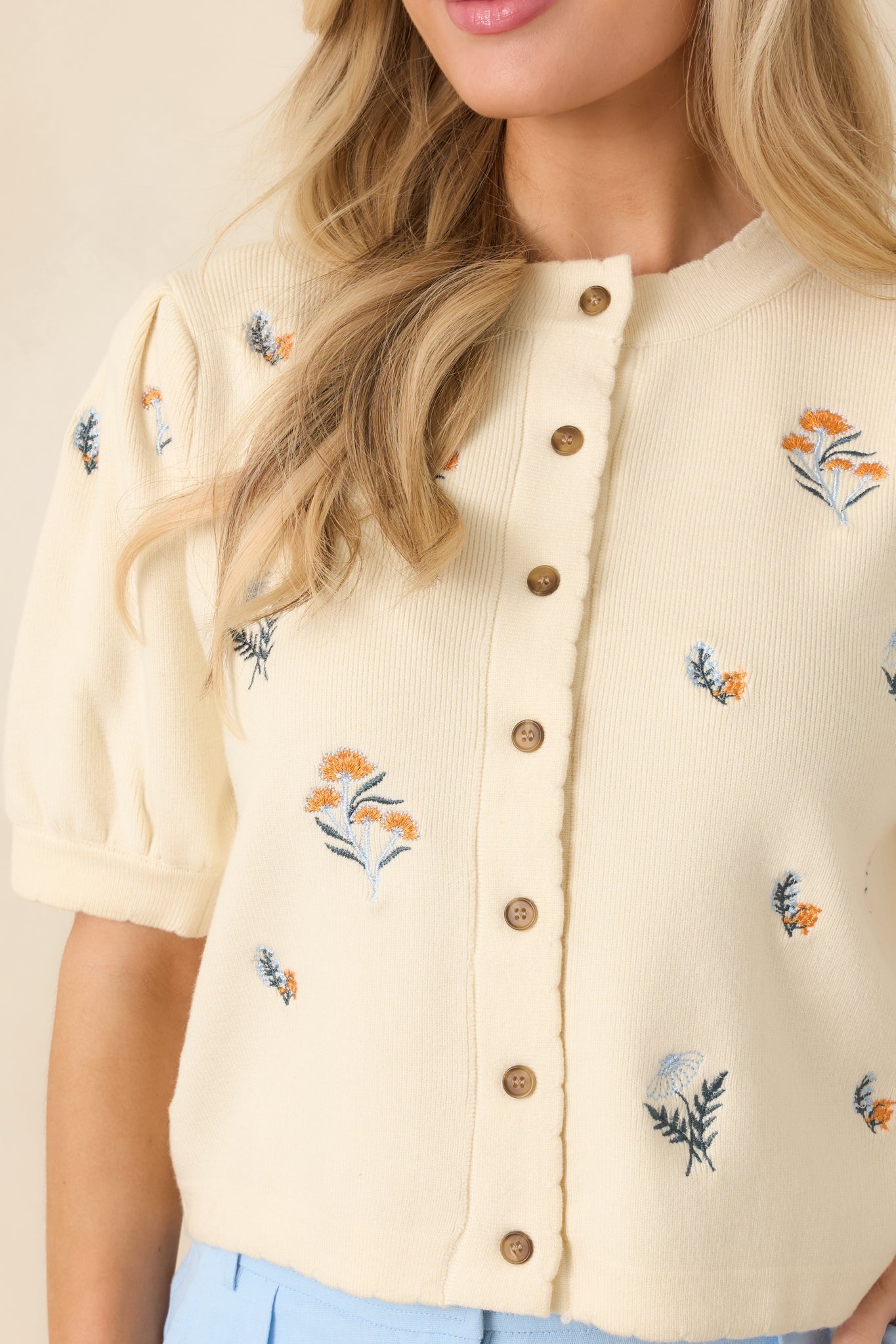 Women's Reason to Stay Ivory Multi Floral Knit Button Front Top | 50% Viscose 1