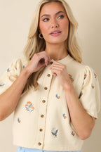 Women's Reason to Stay Ivory Multi Floral Knit Button Front Top | 50% Viscose 6