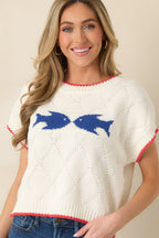 Women's Reel Cute Ivory Multi Knit Short Sleeve Fish Sweater | 60% Cotton & 40% Acrylic 1