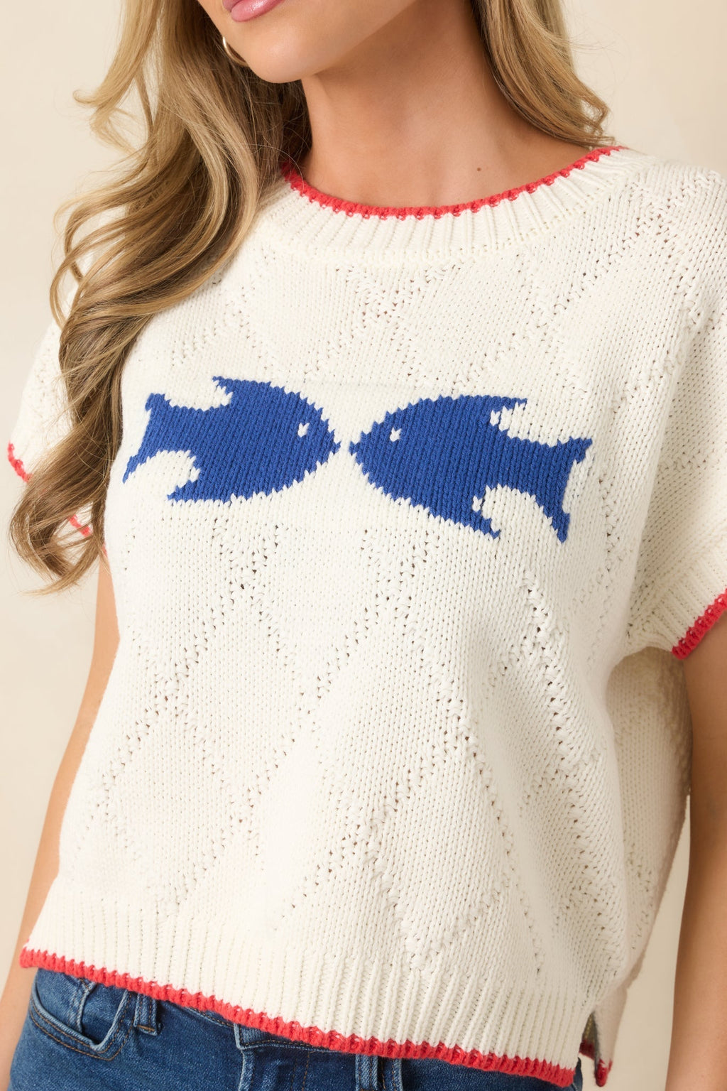 Women's Reel Cute Ivory Multi Knit Short Sleeve Fish Sweater | 60% Cotton & 40% Acrylic 4