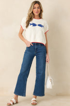 Women's Reel Cute Ivory Multi Knit Short Sleeve Fish Sweater | 60% Cotton & 40% Acrylic 5