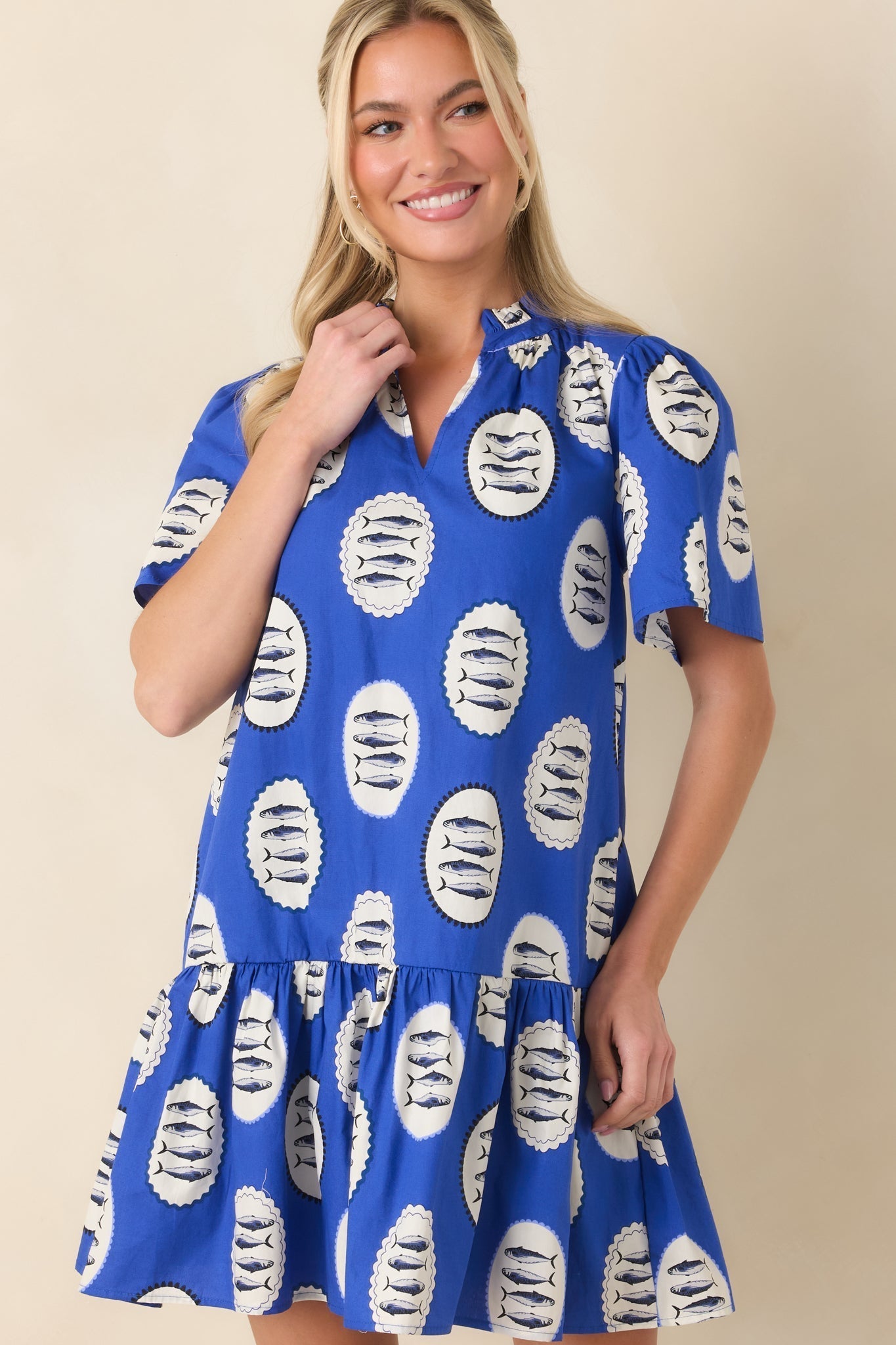 Women's Reel It In Royal Blue Multi Cotton Tiered Mini Dress | 100% Cotton 3