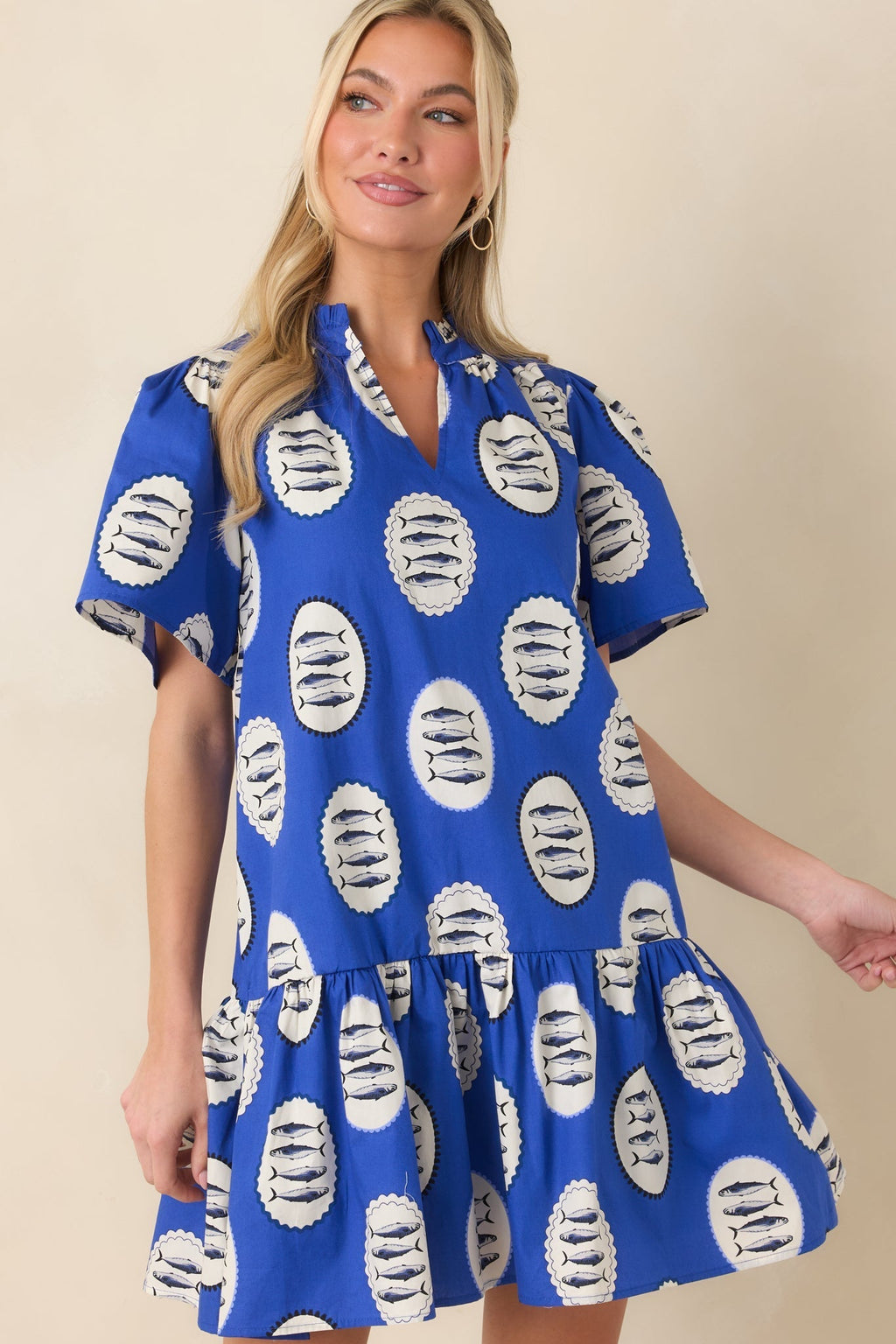 Women's Reel It In Royal Blue Multi Cotton Tiered Mini Dress | 100% Cotton 4
