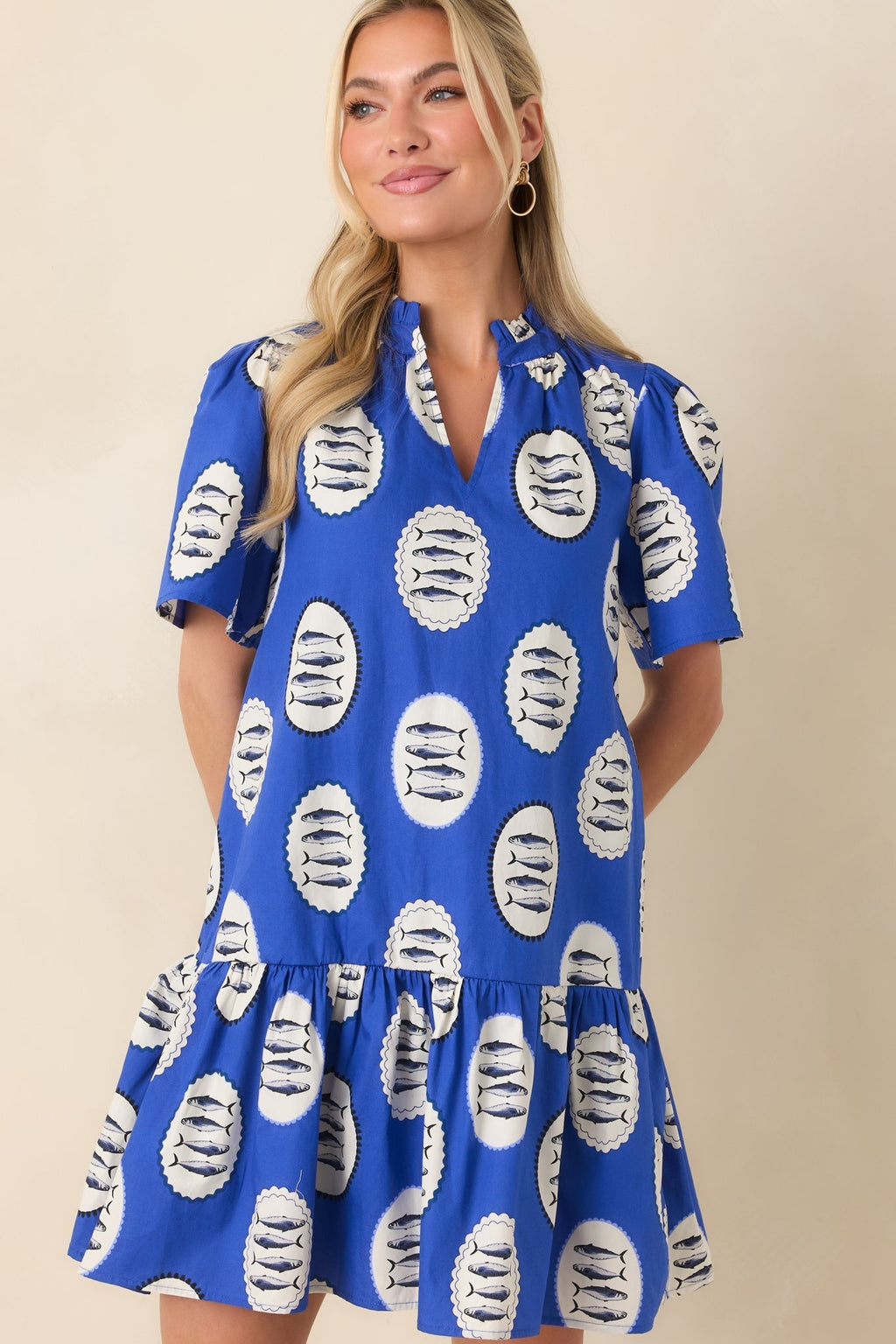 Women's Reel It In Royal Blue Multi Cotton Tiered Mini Dress | 100% Cotton 5