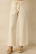 Women's Refined Rhythm Beige Cotton Tie-Belt Wide Leg Pants | 97% Cotton & 3% Spandex 0
