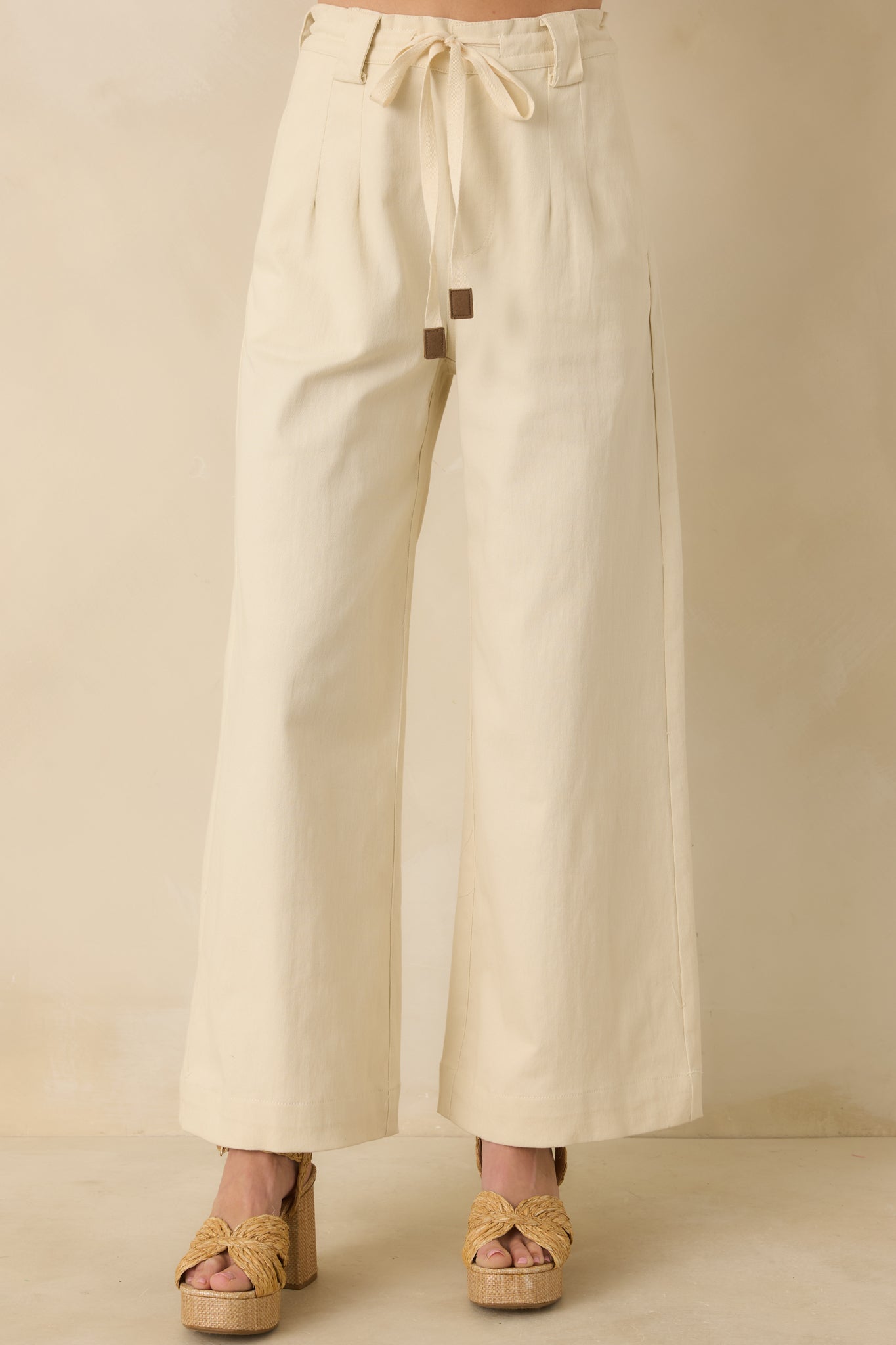 Women's Refined Rhythm Beige Cotton Tie-Belt Wide Leg Pants | 97% Cotton & 3% Spandex 0