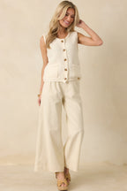 Women's Refined Rhythm Beige Cotton Tie-Belt Wide Leg Pants | 97% Cotton & 3% Spandex 1
