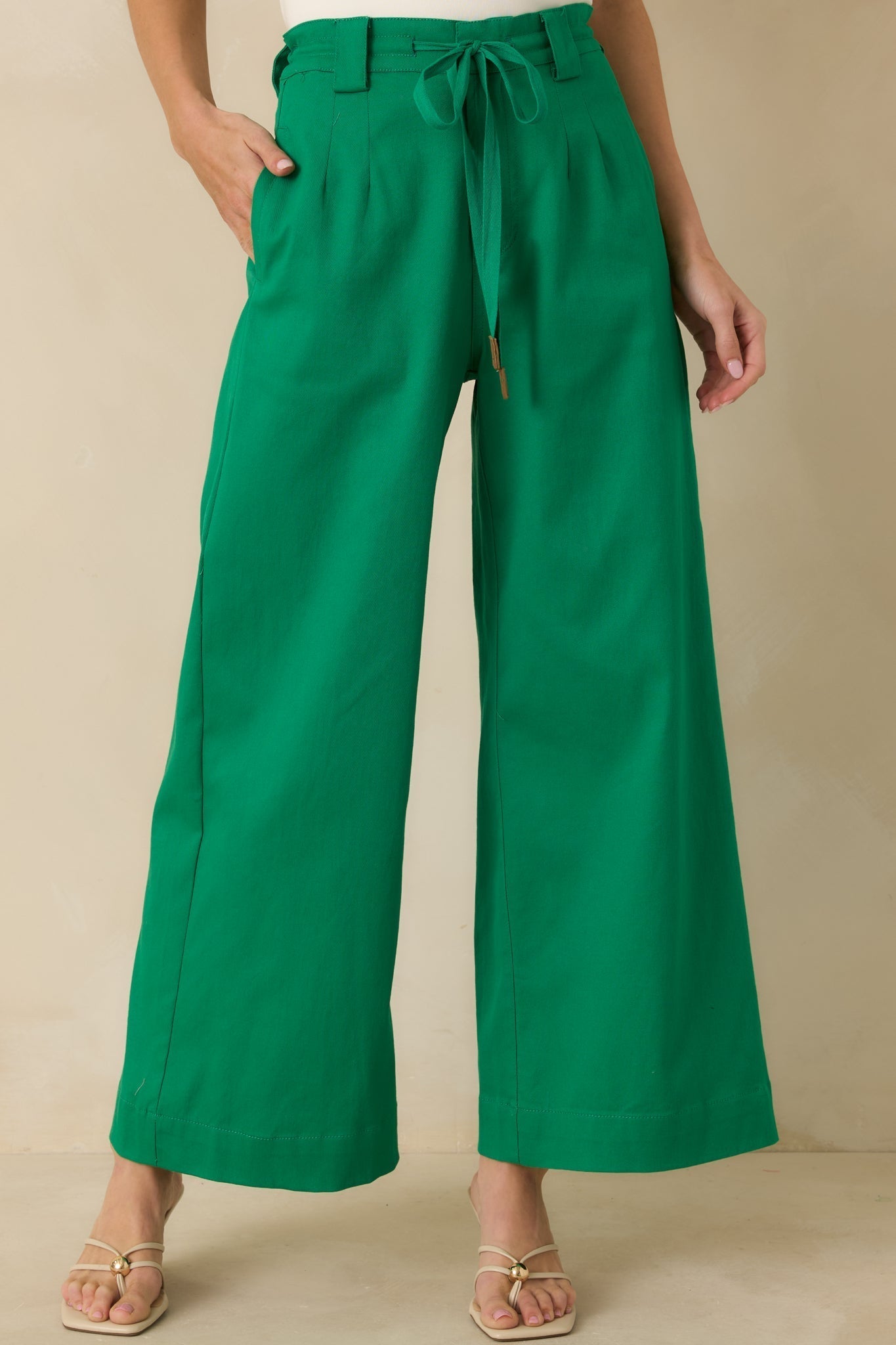 Women's Refined Rhythm Emerald Green Cotton Tie-Belt Wide Leg Pants | 97% Cotton & 3% Spandex 1