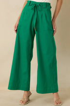 Women's Refined Rhythm Emerald Green Cotton Tie-Belt Wide Leg Pants | 97% Cotton & 3% Spandex 2