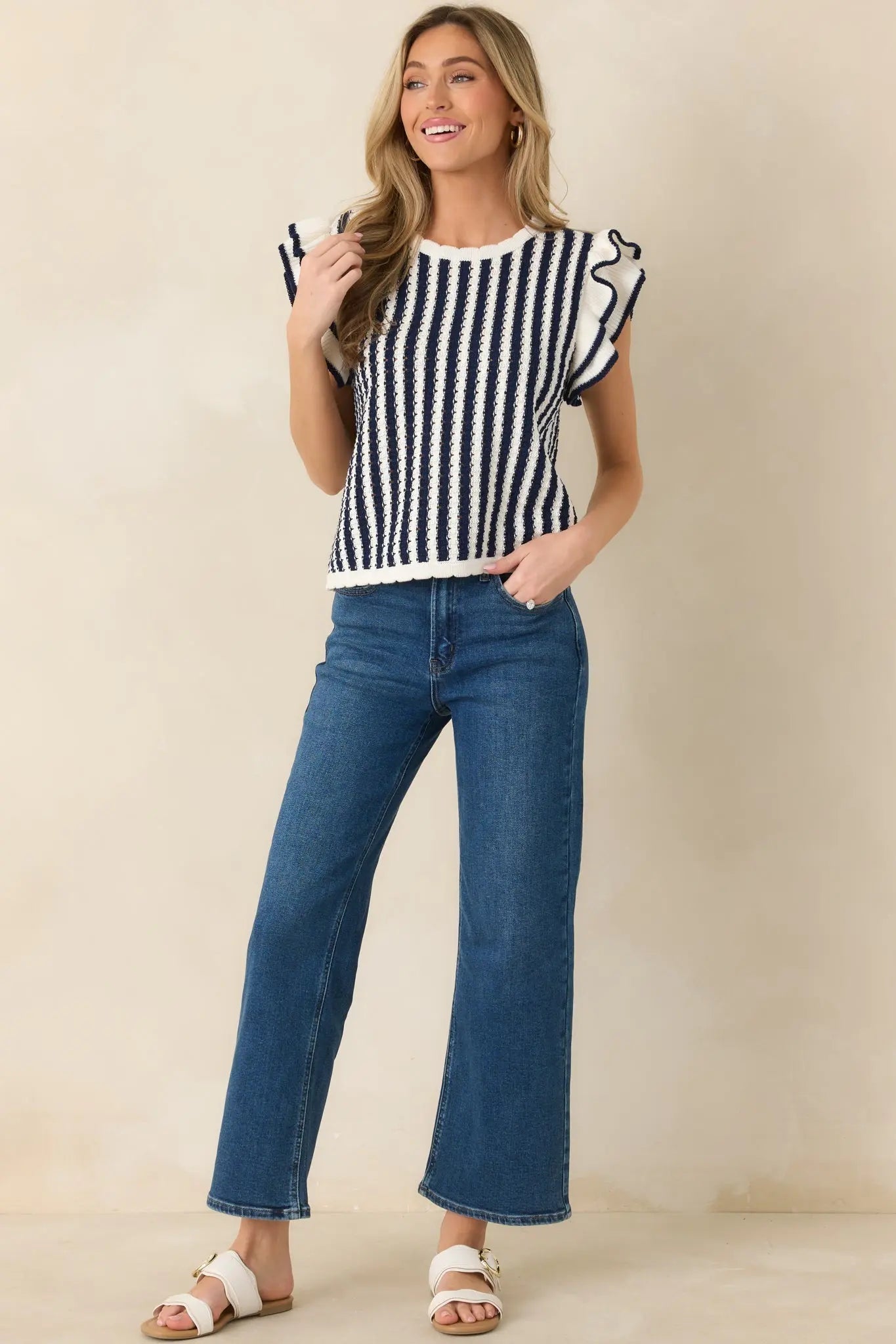 Women's Retro Love Navy & White Stripe Knit Top | 100% Cotton 6