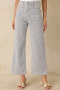 Women's Right Where We Are Navy Stripe Cotton High Waisted Wide Leg Jeans | 96% Cotton 0