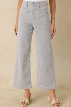 Women's Right Where We Are Navy Stripe Cotton High Waisted Wide Leg Jeans | 96% Cotton 0