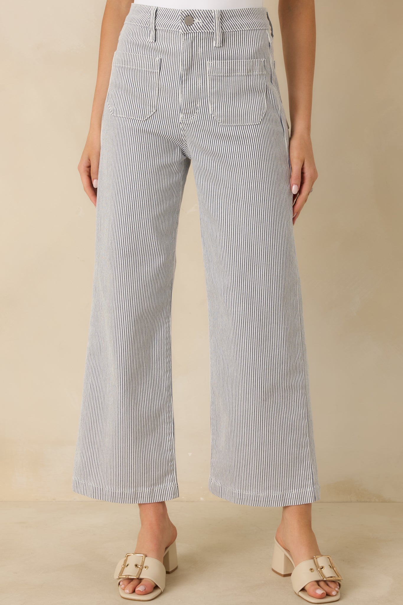 Women's Right Where We Are Navy Stripe Cotton High Waisted Wide Leg Jeans | 96% Cotton 0