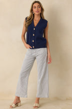 Women's Right Where We Are Navy Stripe Cotton High Waisted Wide Leg Jeans | 96% Cotton 1