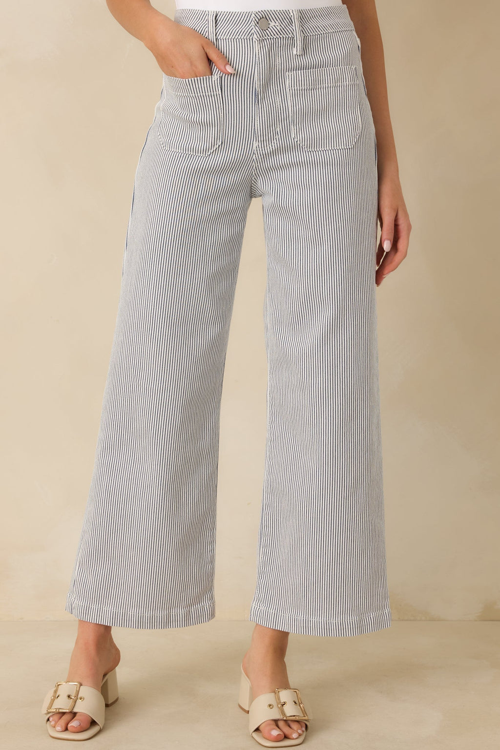 Women's Right Where We Are Navy Stripe Cotton High Waisted Wide Leg Jeans | 96% Cotton 2