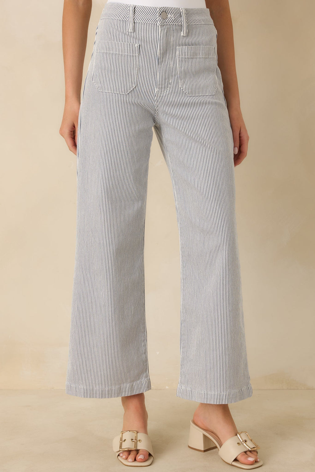 Women's Right Where We Are Navy Stripe Cotton High Waisted Wide Leg Jeans | 96% Cotton 3