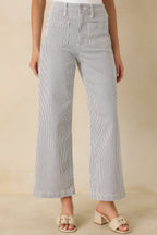 Women's Right Where We Are Navy Stripe Cotton High Waisted Wide Leg Jeans | 96% Cotton 3
