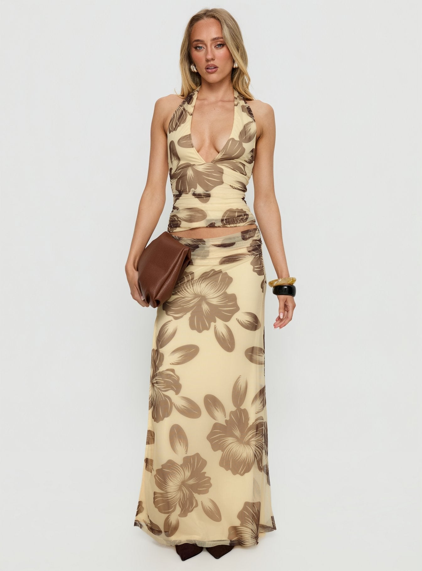 Women's Roselin Mesh Maxi Skirt Brown Floral | Maxi skirt in floral print & mesh fabric 1