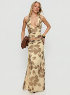 Women's Roselin Mesh Maxi Skirt Brown Floral | Maxi skirt in floral print & mesh fabric 2