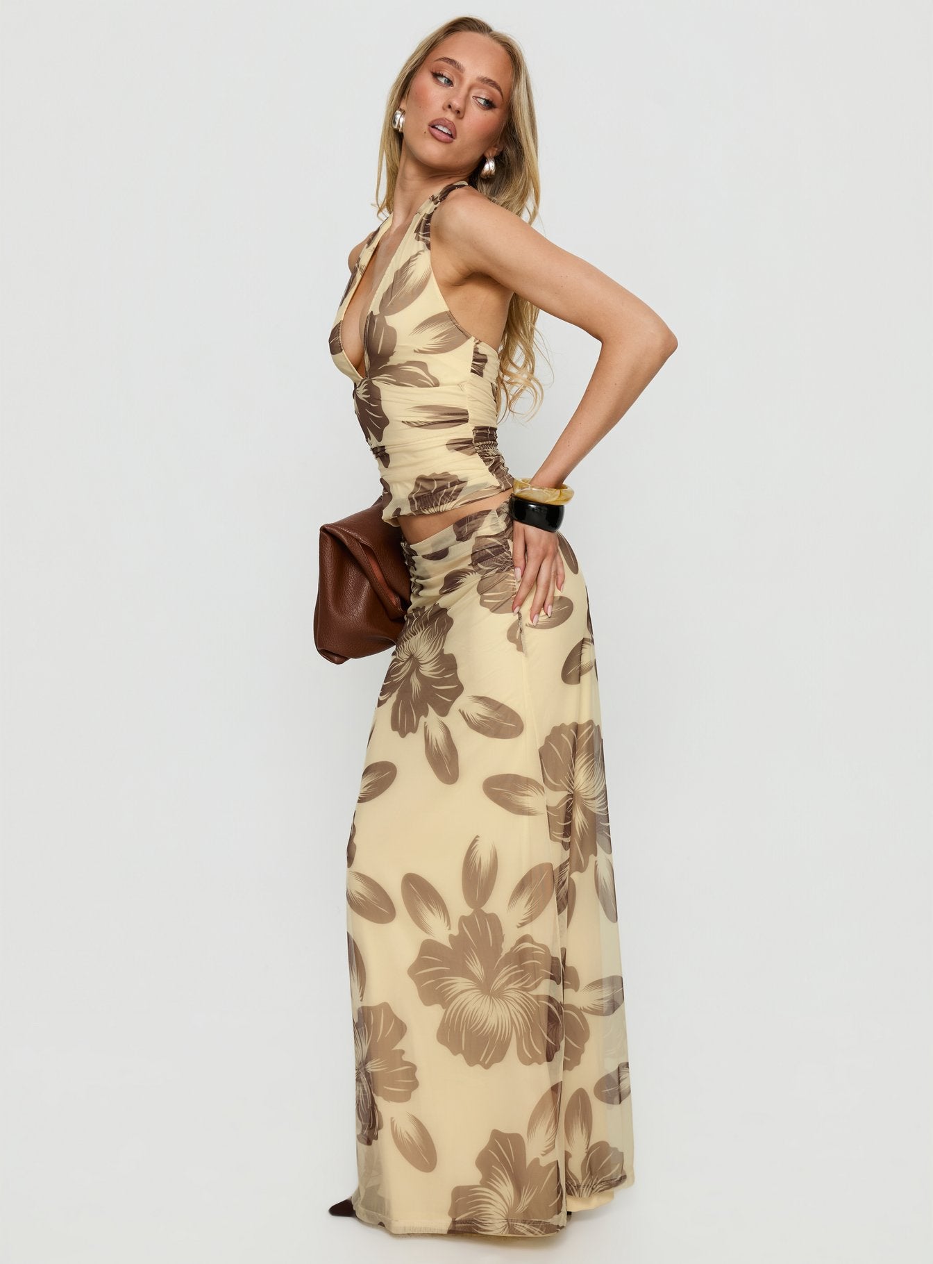Women's Roselin Mesh Maxi Skirt Brown Floral | Maxi skirt in floral print & mesh fabric 3