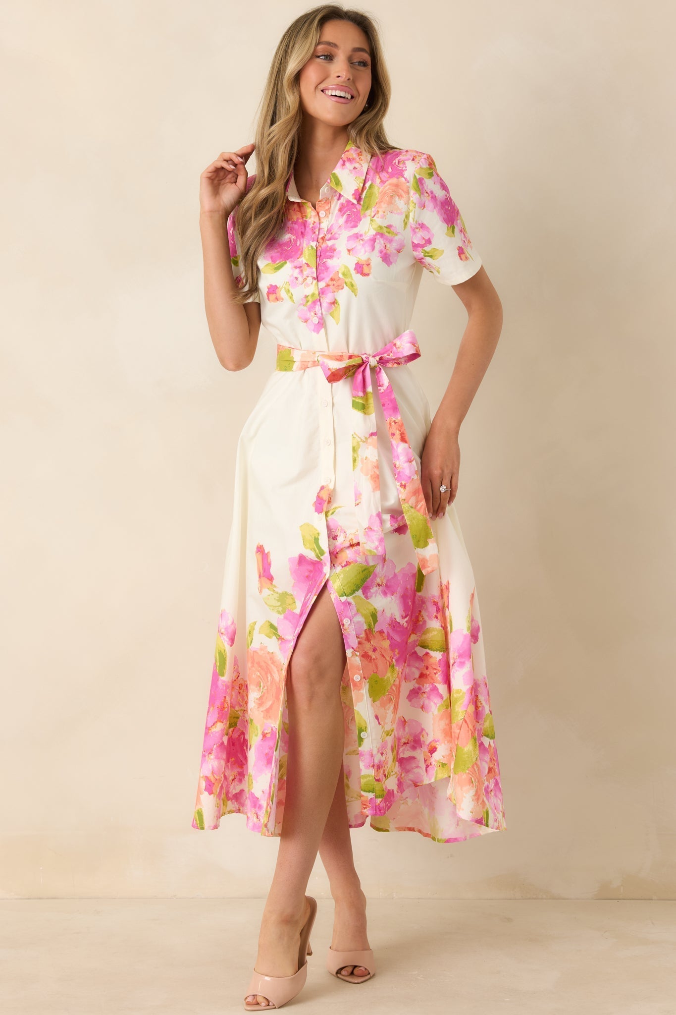 Women's Rosy Outlook Pink Multi Floral Cotton Tie-Belt Midi Dress | 100% Cotton 0