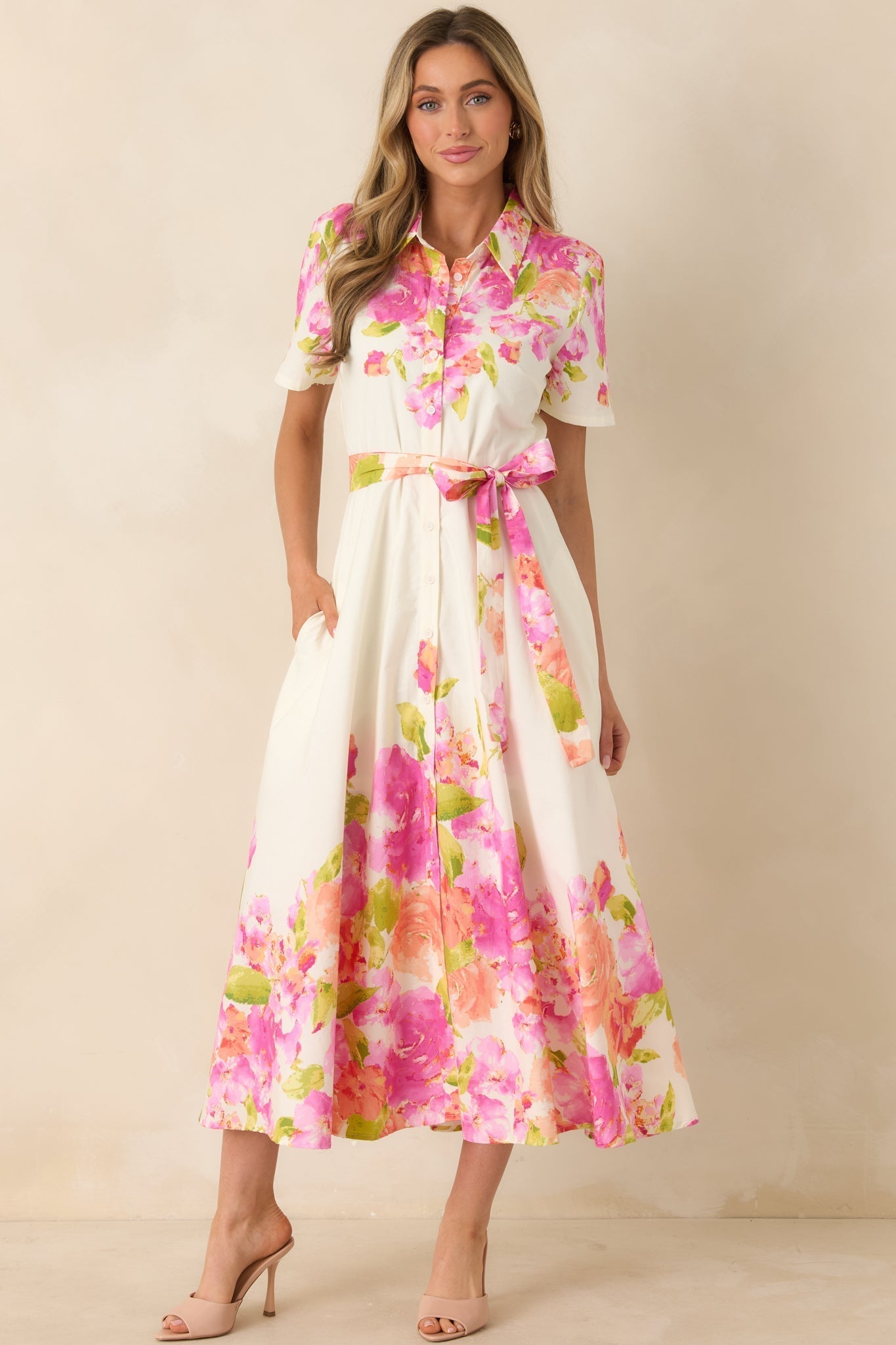Women's Rosy Outlook Pink Multi Floral Cotton Tie-Belt Midi Dress | 100% Cotton 2