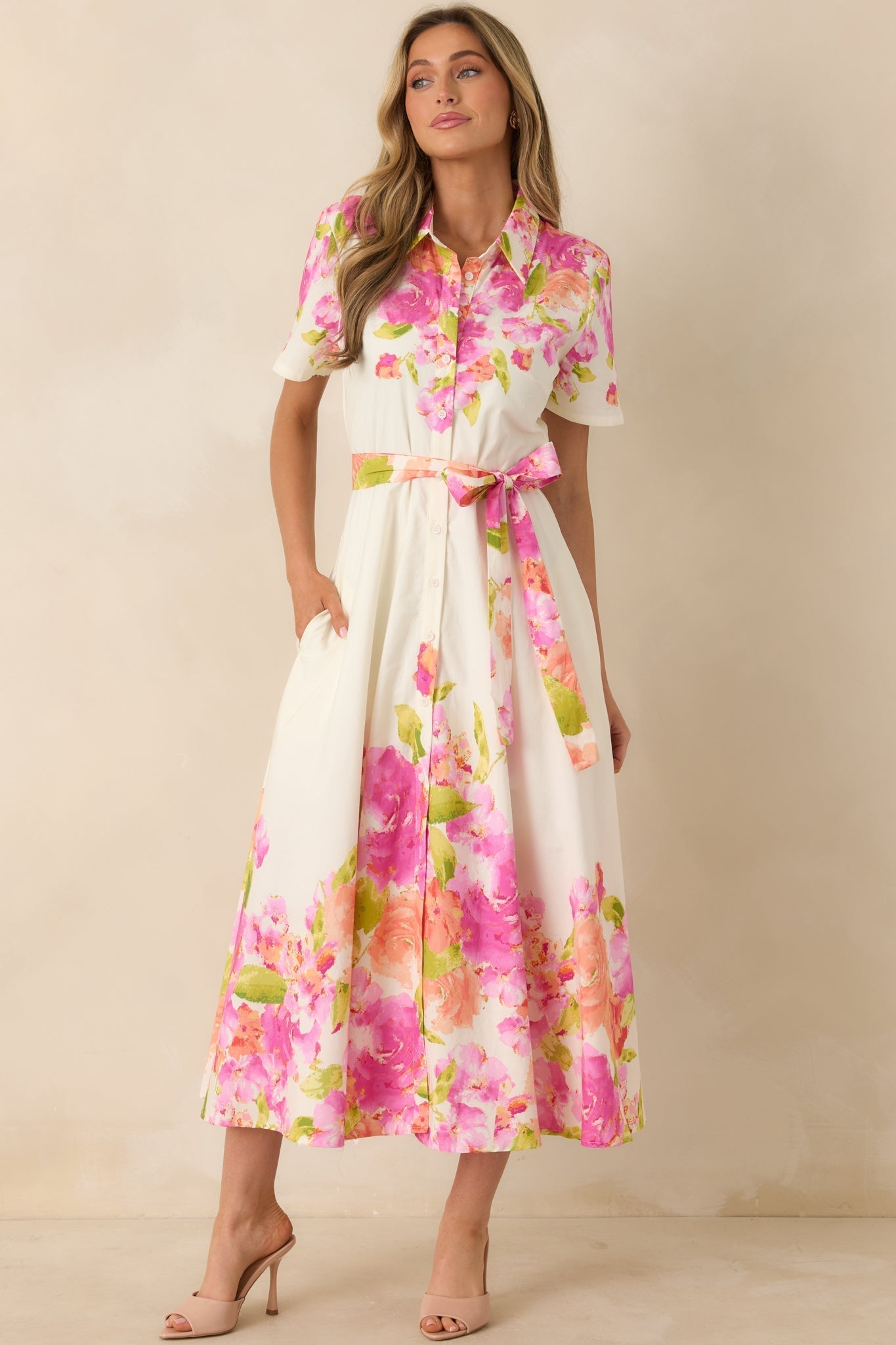 Women's Rosy Outlook Pink Multi Floral Cotton Tie-Belt Midi Dress | 100% Cotton 3