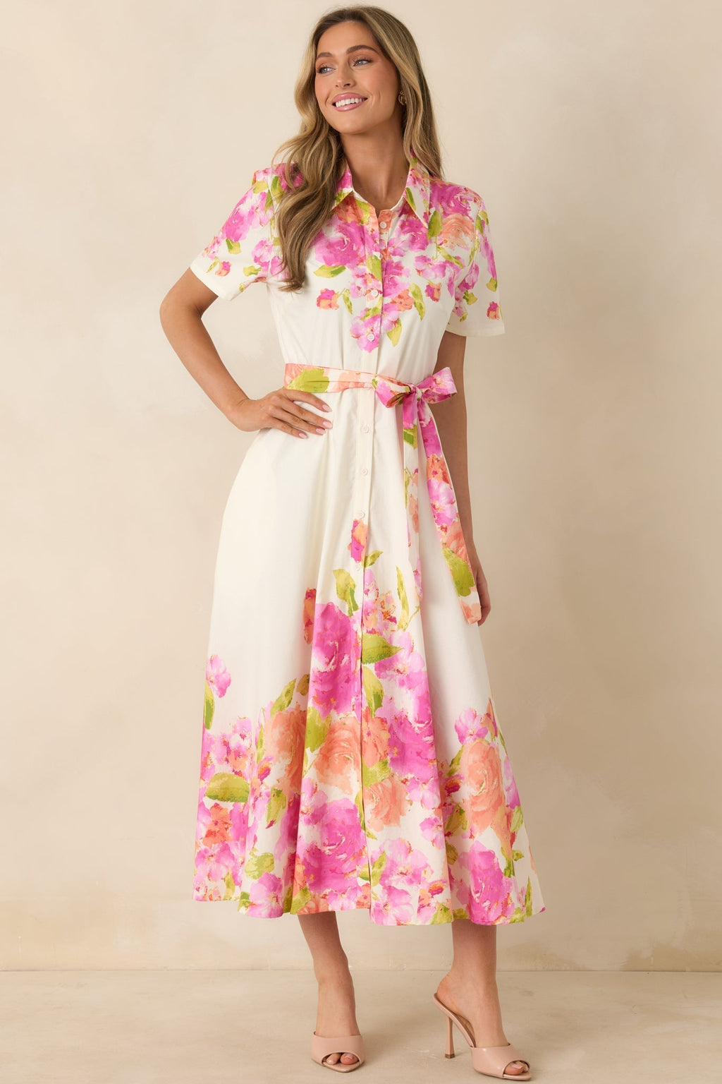 Women's Rosy Outlook Pink Multi Floral Cotton Tie-Belt Midi Dress | 100% Cotton 4
