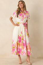Women's Rosy Outlook Pink Multi Floral Cotton Tie-Belt Midi Dress | 100% Cotton 4