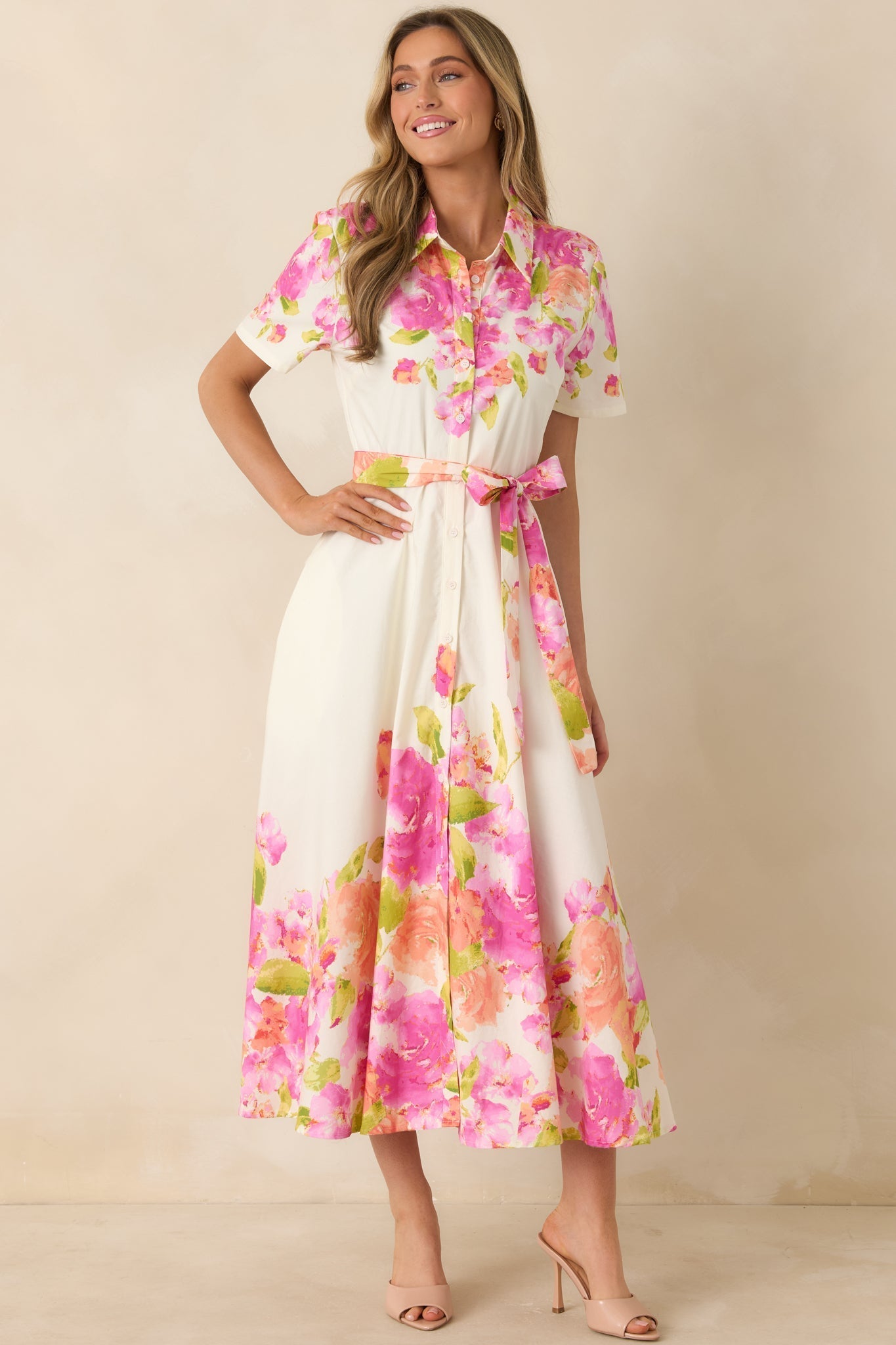 Women's Rosy Outlook Pink Multi Floral Cotton Tie-Belt Midi Dress | 100% Cotton 4
