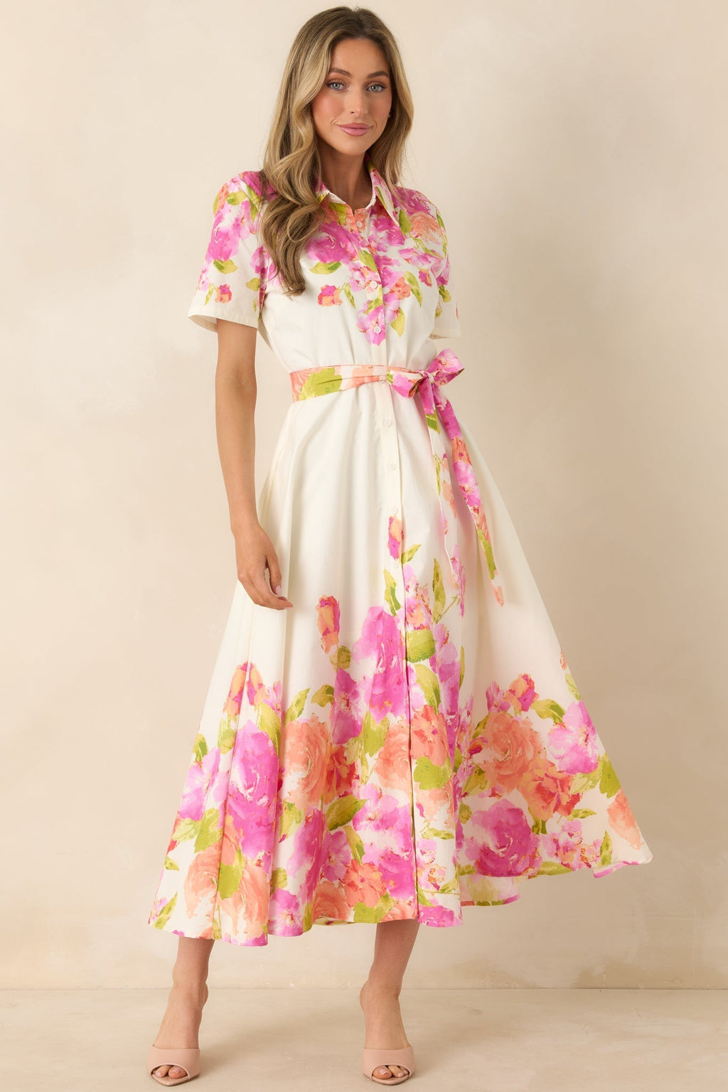 Women's Rosy Outlook Pink Multi Floral Cotton Tie-Belt Midi Dress | 100% Cotton 5