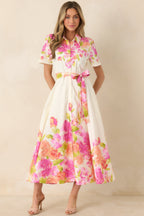 Women's Rosy Outlook Pink Multi Floral Cotton Tie-Belt Midi Dress | 100% Cotton 6