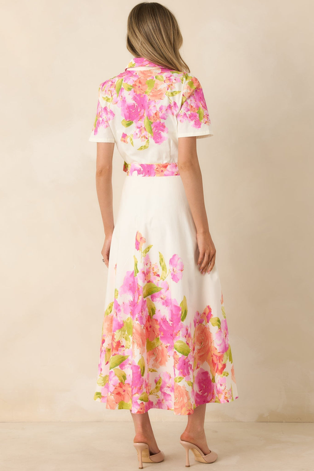 Women's Rosy Outlook Pink Multi Floral Cotton Tie-Belt Midi Dress | 100% Cotton 7