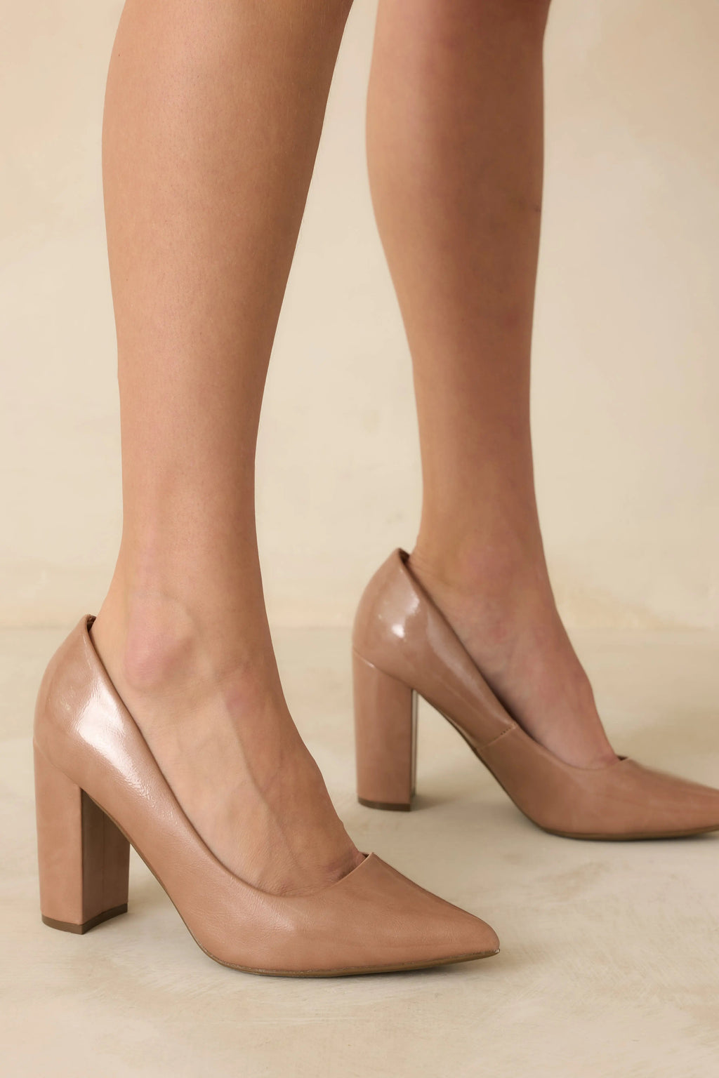 Women's Run The Show Light Mocha Patent Pointed Toe Block Heel Pumps | Heel measures 3.75" 1