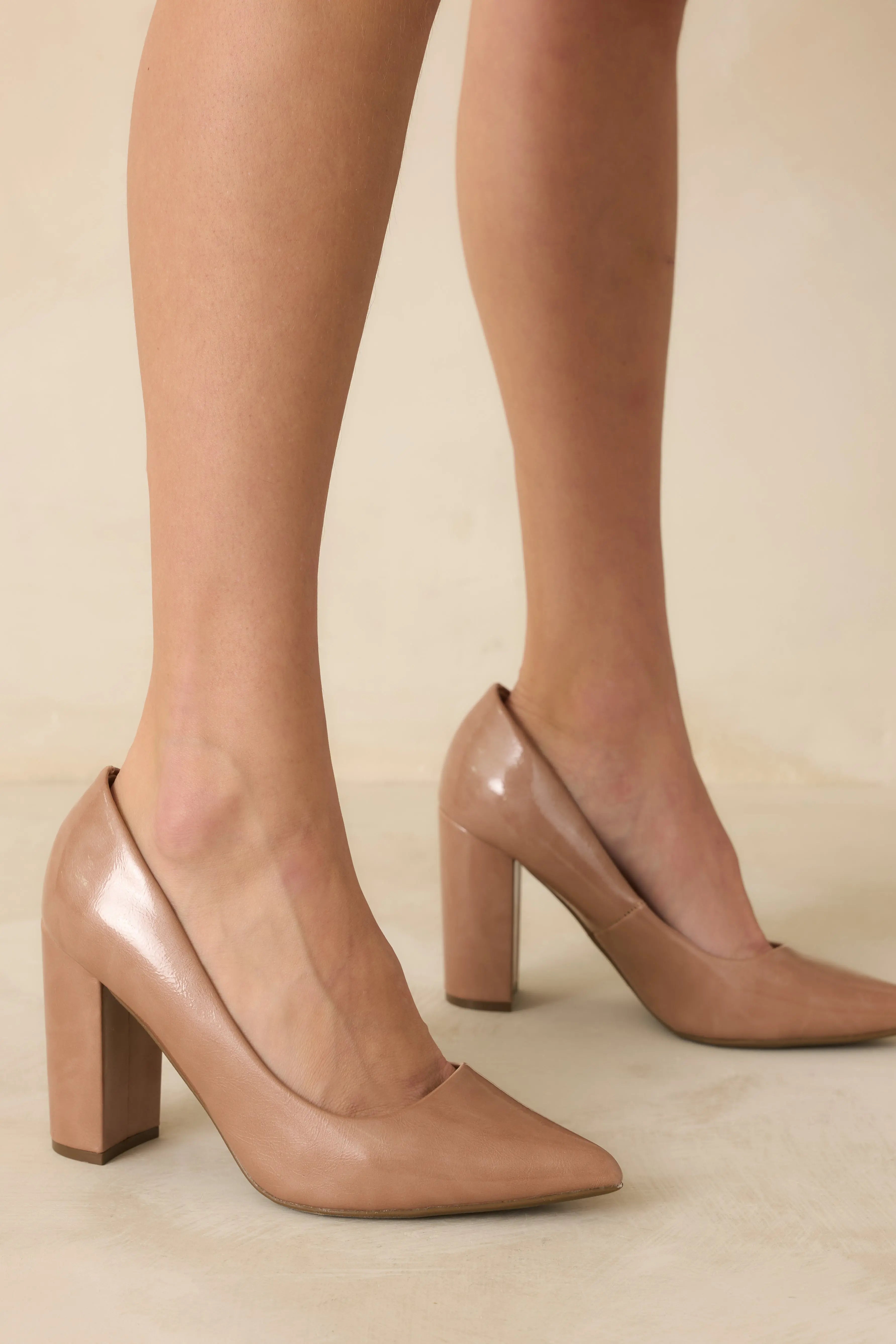 Women's Run The Show Light Mocha Patent Pointed Toe Block Heel Pumps | Heel measures 3.75" 1